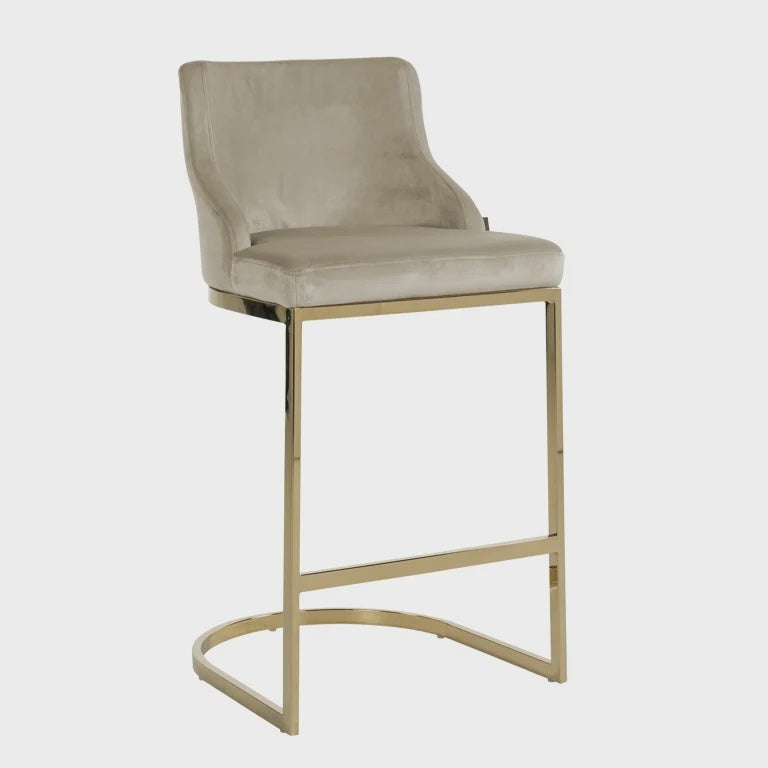 Curved Metal Frame Bar Stool Khaki Velvet / Gold